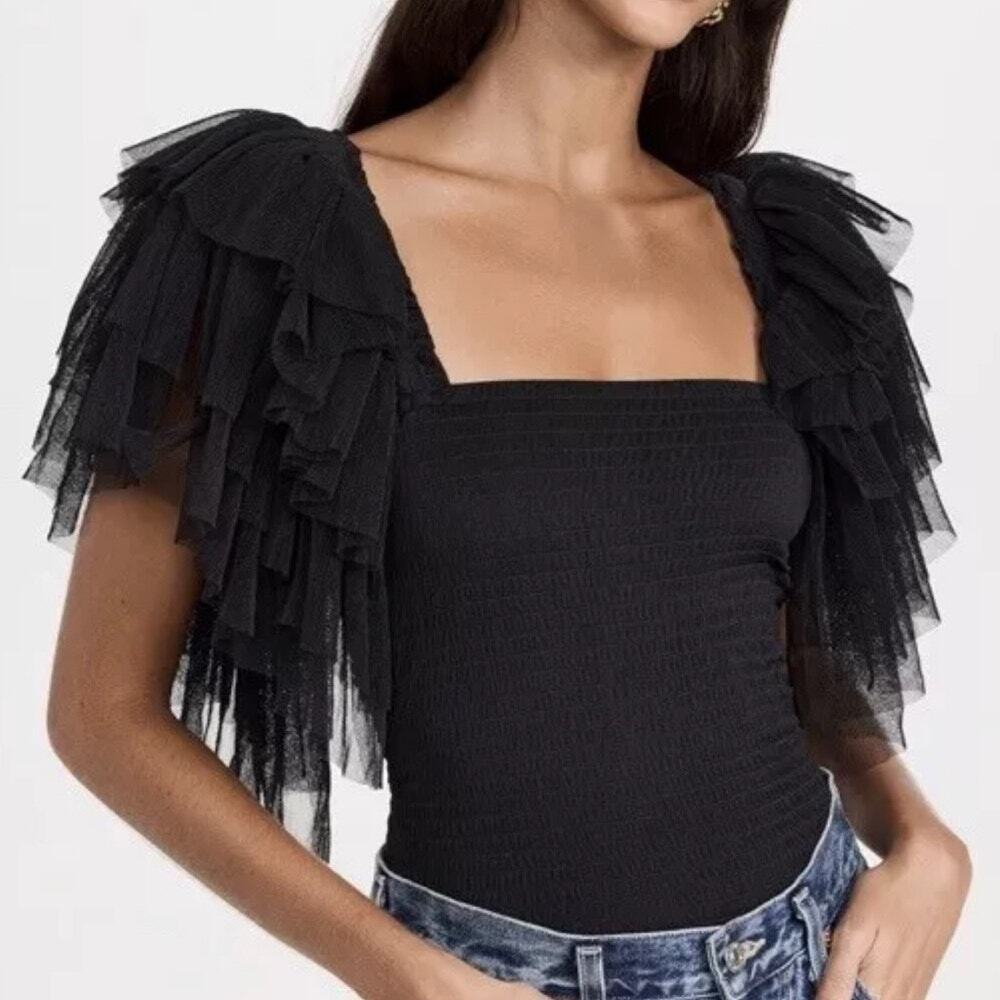 Free People Intimately Kill the Lights Black Mesh Flutter Sleeve Bodysuit SMALL